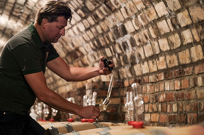 Jonas Ivarsson tappar upp ett vitt vin i vinkällaren på Arilds vingård.