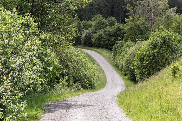 En slingrig grusväg på väg mot en gård på landet