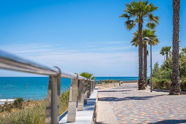 Köpa nyproduktion i Spanien: Strandpromenad med palmer längts vägen i Costa Blanca, Spanien.